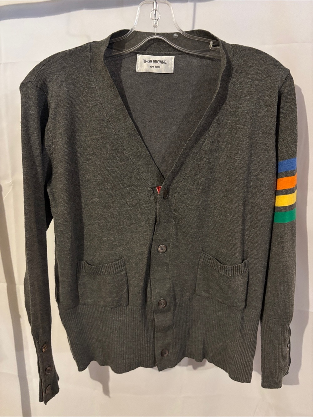 Thom Browne Men's Gray V-Neck Cardigan with Multi-Stripe Sleeve